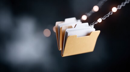Golden file folders with white papers hang on a metal chain with illuminated bokeh lights