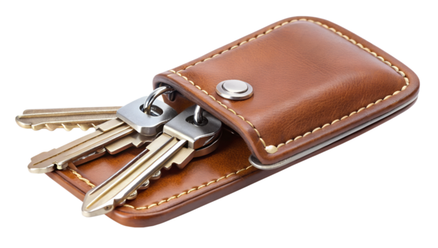 Several metal keys are neatly stored in a brown leather keychain holder, isolated on a transparent background