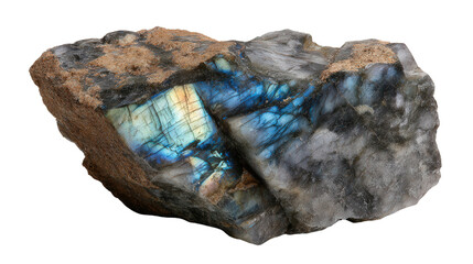 Labradorite iridescent gray mineral lump background isolated on a Transparent background, PNG file.