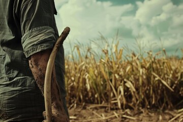 A farmer's arm and hand grip a wooden tool in a dry, harvested field under a cloudy sky. The focus is on the texture of the soil and the worker's arm