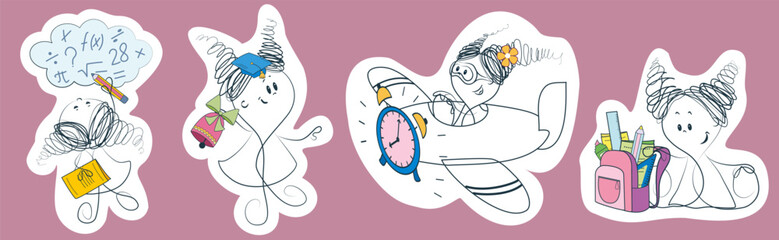 Sticker set. Funny girls. Back to school. Vector