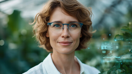 Professional woman in AR glasses in greenhouse with plants and data overlays