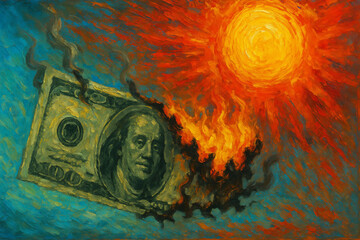 A burning dollar bill under an intense, fiery sun in an abstract oil painting style, symbolizing inflation, economic crisis, and financial instability.