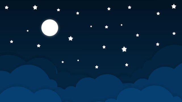 Sky night with moon stars and puffy clouds animation with cute cartoon illustration background