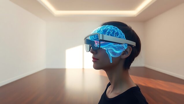 Person wearing augmented reality glasses displaying a digital brain in an empty room with wood floors