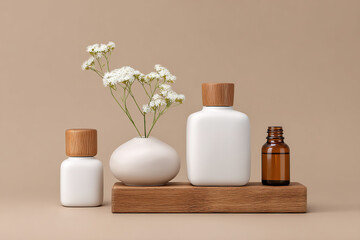 Elegant beauty product display with neutral tones and simple flower arrangement. Modern skincare still life. Minimalist aesthetic.