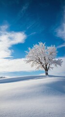 Solitary Snow Covered Tree in a Snowy Field Under a Bright Blue Sky