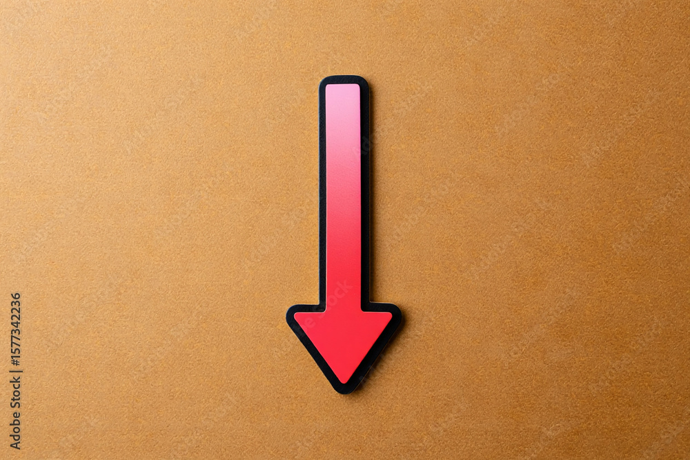 Poster a red arrow pointing down with a black outline on a tan colored background
