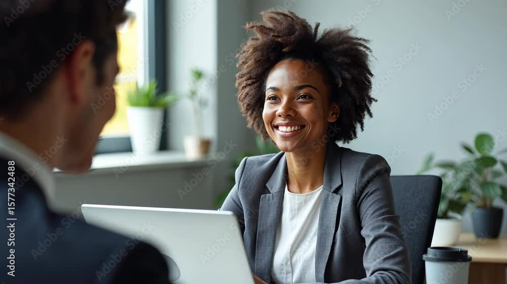 Poster view over shoulder employer listen applicant at job interview offline use pc.