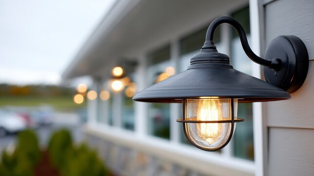 A black outdoor wall lantern with a glass enclosure and an Edison bulb illuminates a building exterior