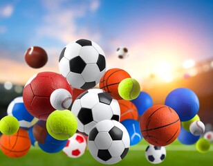 Multiple sports balls in mid-air over a blurred stadium field
