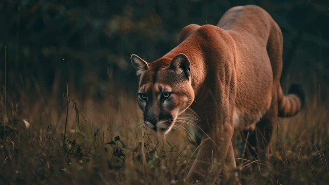 Cougar portrait capturing a wild cougar stalking prey in tall grass.
