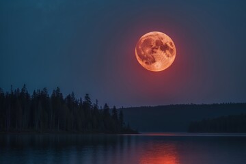 Ethereal Blood Moon Lunar Eclipse Over a Serene Forest Lake