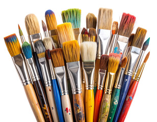 composition of mixed artist paint brushes coated with bright, thick acrylic
