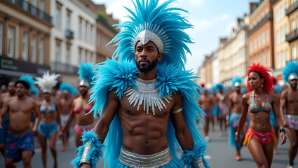 Carnival Performer in Elaborate Blue Feather Costume