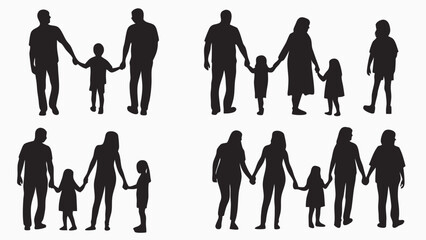 Silhouette of Diverse Families with Children Holding Hands and Standing Together on White Background – Vector Illustration Representing Parenting, Family Bonding, and Togetherness