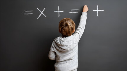 Young boy solving math equations on chalkboard in classroom  