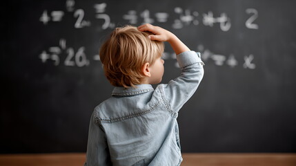 Young boy solving math problems while standing in front of chalkboard  