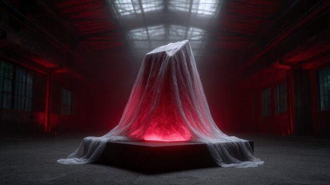 Illuminated object under draped fabric in a dark industrial space with red lighting