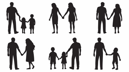 Silhouette of Diverse Families with Children Holding Hands and Standing Together on White Background – Vector Illustration Representing Parenting, Family Bonding, and Togetherness