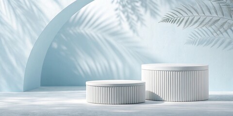 Minimalist scene with two white ribbed pedestals and palm leaf shadows