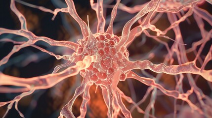 Microscopic view of nerve tissue showing neurons with long axons, dendrites, and a cell body, along with glial cells, highlighting their role in transmitting electrical signals and facilitating commun