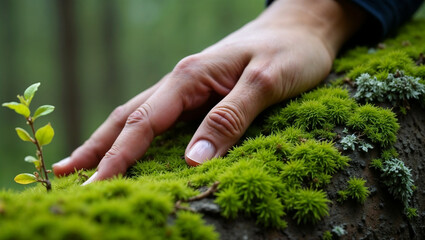 Hand gently touching a patch of vibrant green moss growing on a tree trunk. 