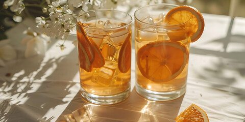 Orange Beverages with Slices and Ice in Sunlight on Table with Plants


