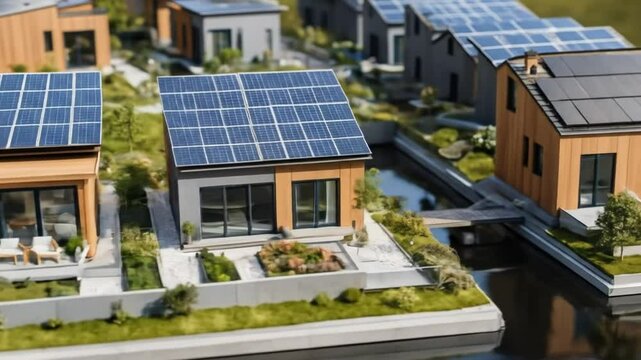 A miniature model of a modern house with solar panels that highlights eco-friendly architecture and urban planning, showcasing sustainable living solutions for the real estate market. 4k video