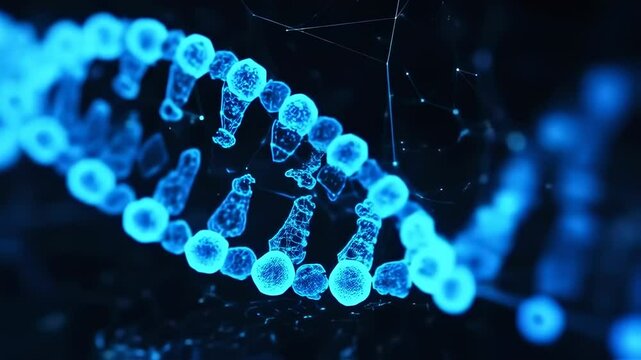 Digital DNA Strand with Glowing Blue Genetic Code and Network Connections in Futuristic Technology Environment - Powered by Adobe