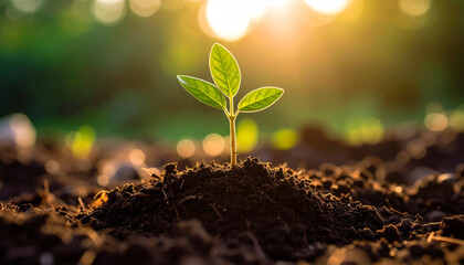 Seedling Growth: A vibrant young seedling pushes through rich soil, reaching towards a warm sunset. The image symbolizes growth, renewal, and the promise of a bountiful future. 