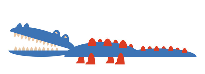 Funny flat vector illustration of a stylized blue crocodile with red spikes, ideal for children’s books, games, and educational design.