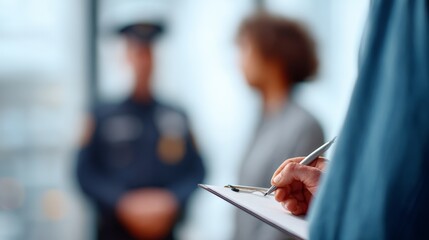 Police officer standing in background listening to witness statement being recorded by investigator taking notes on clipboard at crime scene