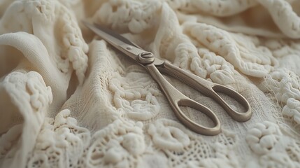 Vintage Elegant Scissors Resting on Intricate Lace Fabric in Soft Neutral Tones