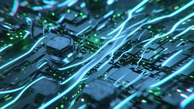 Closeup of Electronic Circuit Board with Glowing Lights and Moving Components in High-Tech Environment