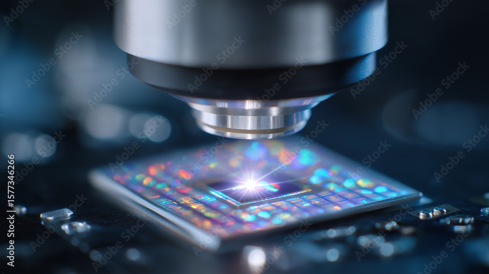 Poster close-up of micro-led ai chip under microscope