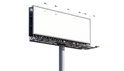 Obraz premium A Blank billboard with a metal support pole and top lighting, shown from a low angle against a black background --ar 16:9 --v 7.0 isolated on transparent background.