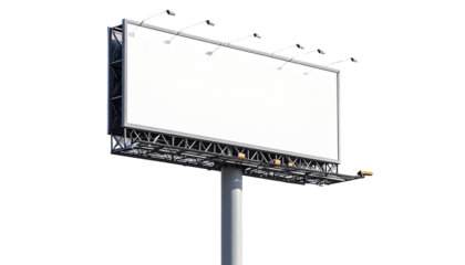 A Blank billboard with a metal support pole and top lighting, shown from a low angle against a black background --ar 16:9 --v 7.0 isolated on transparent background.