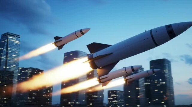 Missiles Launching at Night Through Modern City Skyline Representing Urban Warfare and Military Technology