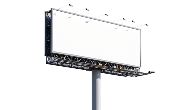 A Blank billboard with a metal support pole and top lighting, shown from a low angle against a black background --ar 16:9 --v 7.0 isolated on transparent background.