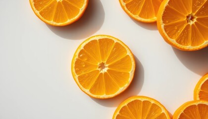 Obraz premium Orange slices arranged on a white background in a bright and clean composition