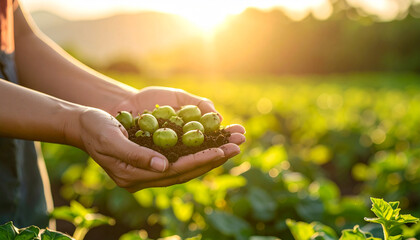 Harvested Crop in Hand: A farmer proudly displays a handful of freshly harvested crop, symbolizing the fruits of labor and the promise of a bountiful season, set against a backdrop of sunlit field.