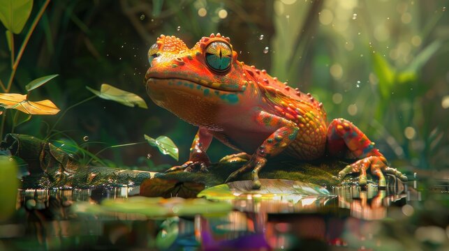 Macro Shot of a Colorful Tree Frog in the Rain with Bokeh Lighting
