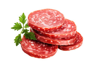 A stack of delicious salami slices is garnished with fresh parsley, showcasing the appetizing texture and vibrant color of this savory meat isolated on transparent background