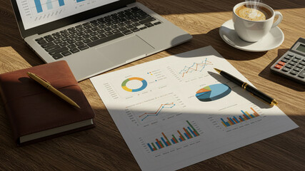 Sunlit Workspace Financial Charts Laptop Coffee and Notebook.