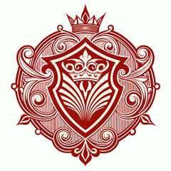 Elegant Red and White Heraldic Shield with Crown Ornamentation for Logo or Design