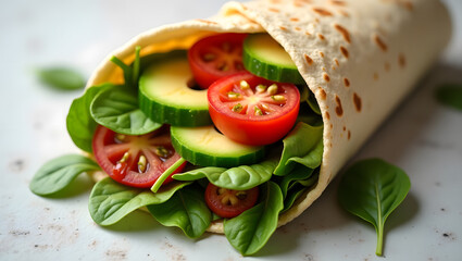 Close-Up of a Vegan Wrap with Avocado, Spinach, and Tomato