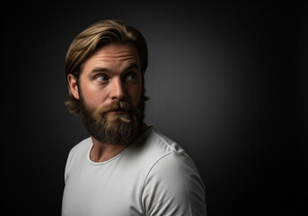Fototapeta premium Man with beard blond hair white tee glancing left on dark background