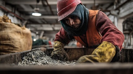 a real migrant worker working in harsh conditions inside a factory, sweating and exhausted, modern slavery theme, photorealistic 