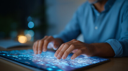 Futuristic Engineer Coding on Transparent Touchscreen with Keyboard